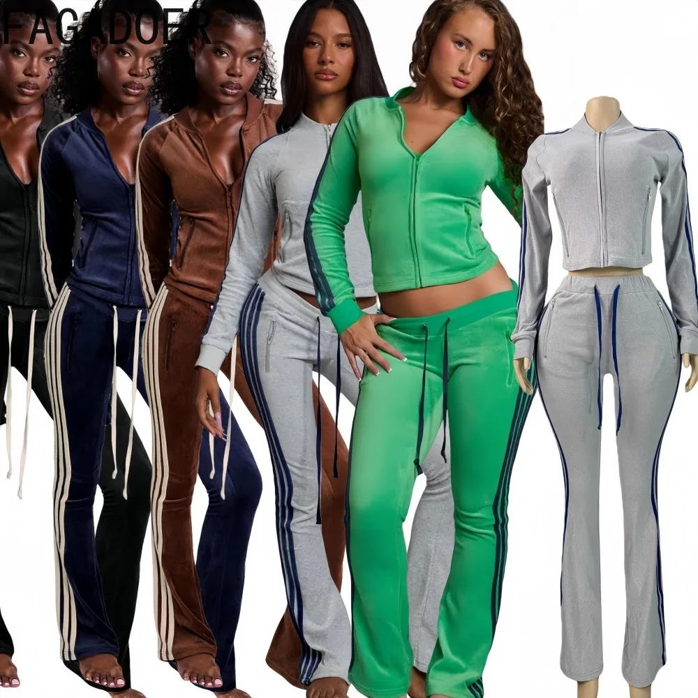 

FAGADOER Casual Sports 2 Pieces Set for Woman Outfit Stripe Patchwork Long Sleeve Hooded Crop and Pants Female Streetwear New