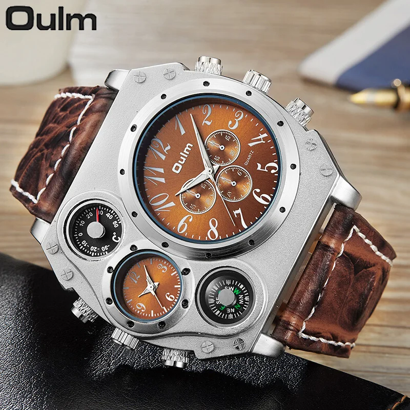 Oulm Creative Big Watch Men Chronograph Multi Dials Quartz Watch Military Sport Wristwatch Male Leather Strap Clock with Compass