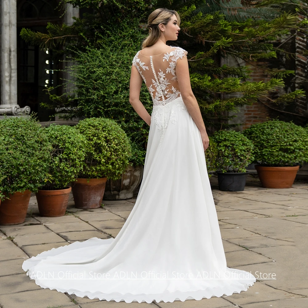 Customized Cap Sleeve V Neck Wedding Dress Classic Lace Applique Illusion back Zipper Sweep Train A Line Bridal Gown
