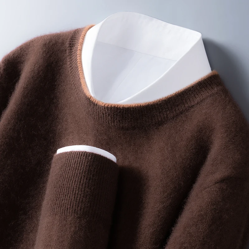 Men's Sweater Pullover Long Sleeved Autumn Winter 100% Wool Knit Sweater Loose O-Neck Collar Color Collision Simple Casual Tops