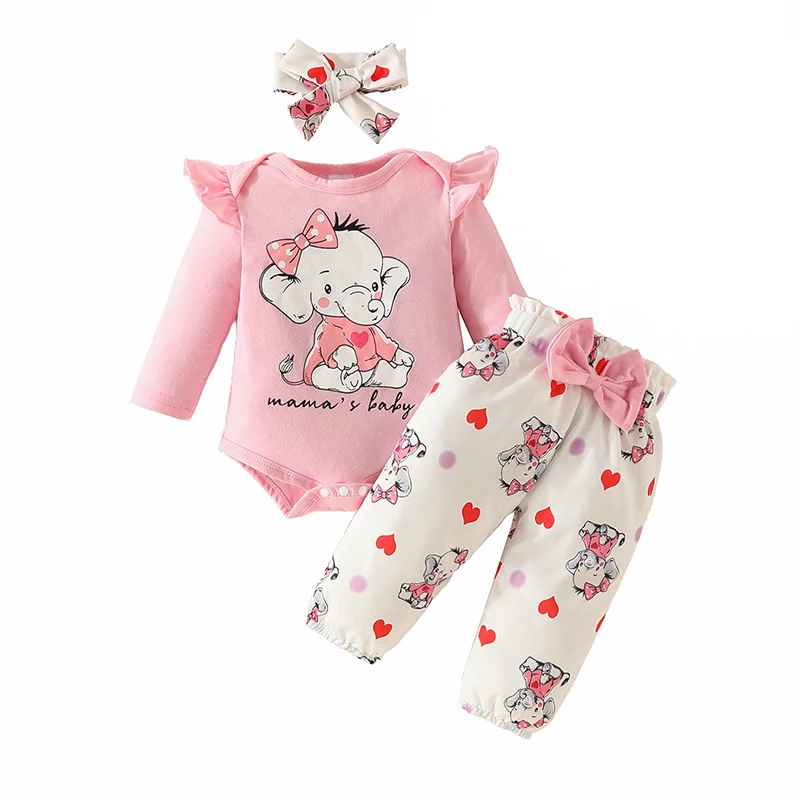 3PCS Baby Girl Sets Cartoon Elephant Printing Bodysuits Long Sleeve Onesies Top Elastic Waist Trousers Infant Outfit 0-18 Months