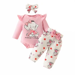 3PCS Baby Girl Sets Cartoon Elephant Printing Bodysuits Long Sleeve Onesies Top Elastic Waist Trousers Infant Outfit 0-18 Months