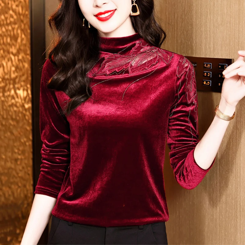 Half High Neck Velvet Embroidered Rhinestone Long Sleeved Base Shirt Elegant Slim Spring Women's T-Shirt Tops