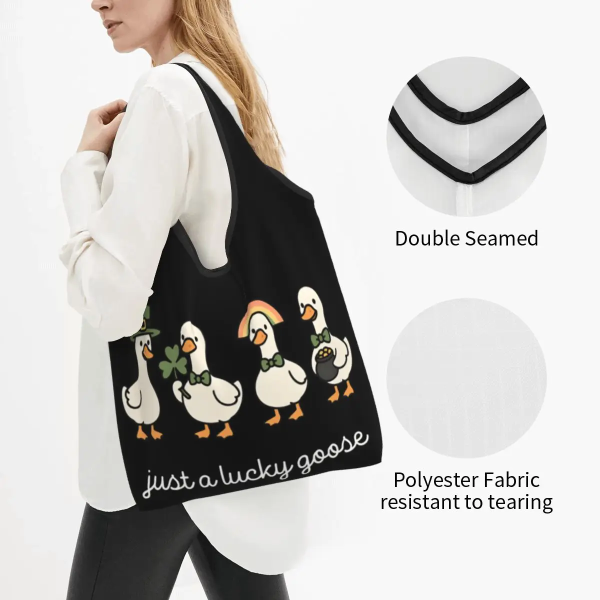 Reusable Just A Lucky Goose Grocery Bag Foldable Machine Washable St Patrick's Day Shopping Bags Large Eco Storage Bag