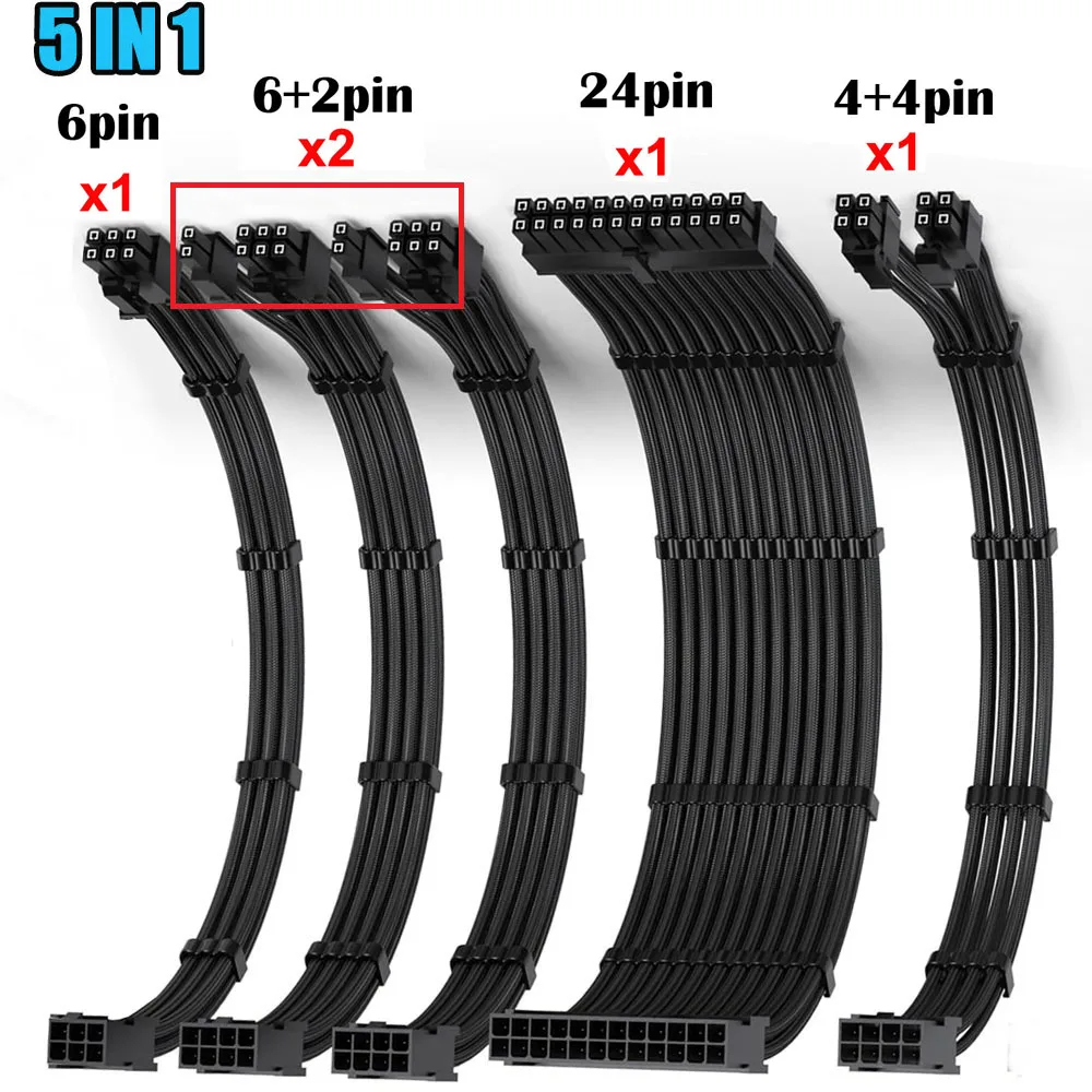 

Комплект удлинительных кабелей для блока питания: 24-контактный ATX, 8-контактный EPS, 6+2-контактный PCIe, 6-контактный PCIe, 18AWG, плетеный, с кабельными гребнями для ПК (черный)