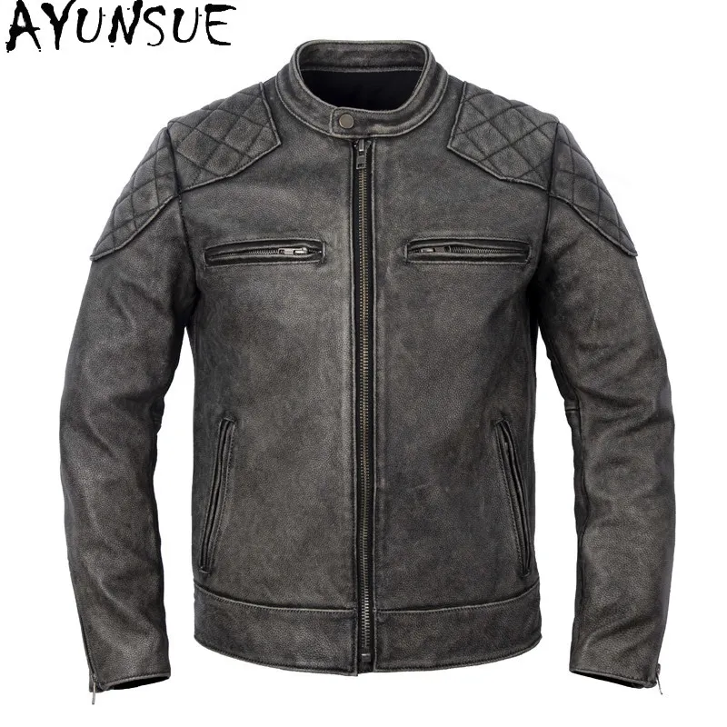 AYUNSUE Stone‑Washed Distressed Men Leather Jacket Top Layer Cowhide 100% Real Leather Coat Stand Collar Motorcycle Jackets 2026