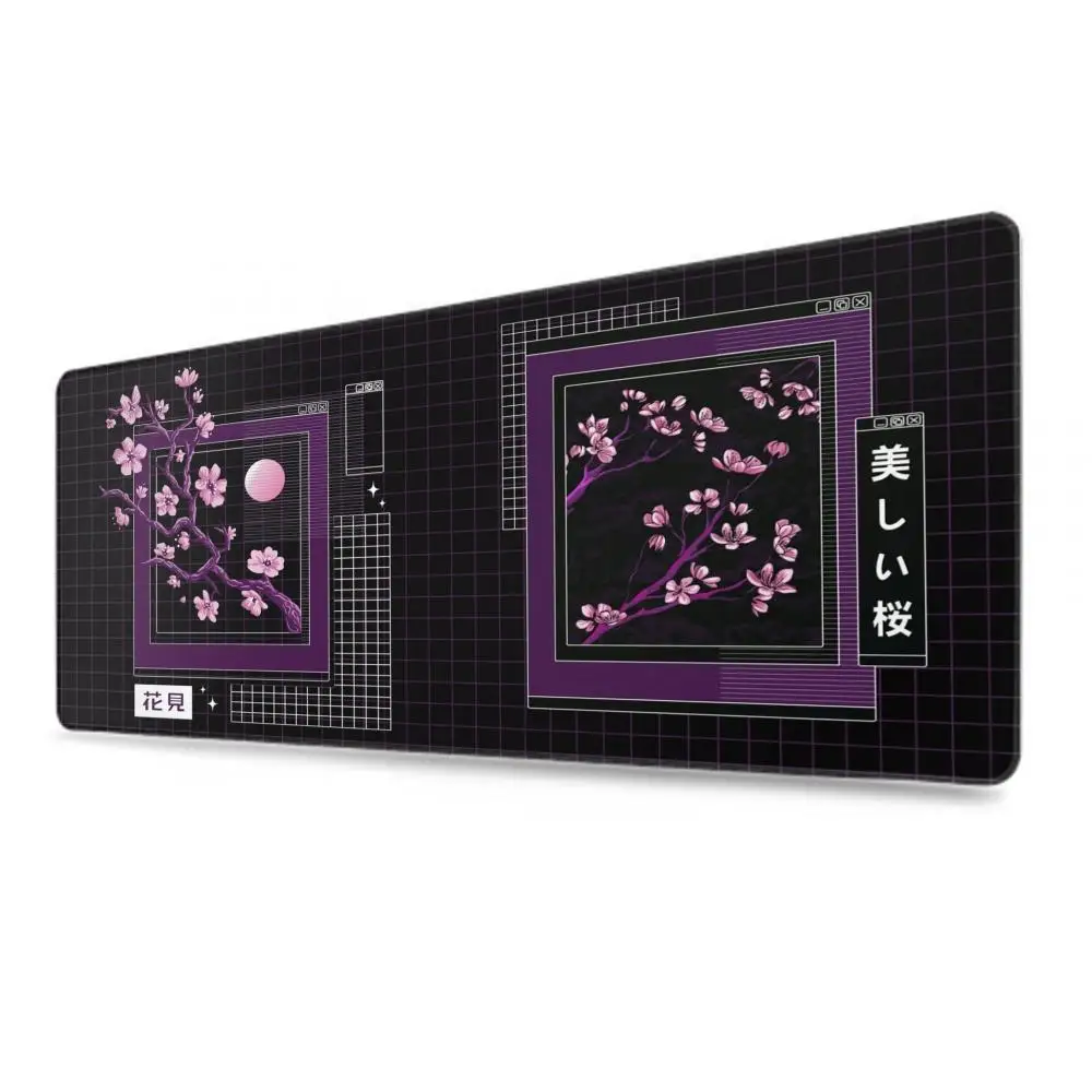 Dark Vaporwave Retro Desk Mat Japanese Anime Kawaii Mouse Pad Lo Fi Purple Sakura Cherry Blossom Gaming Extended Pad Extra Large