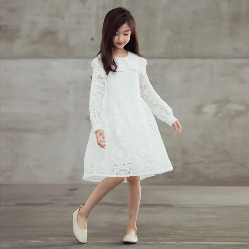 

2023 winter autumn White Lace Girls Dress Korean Children Long Sleeve Elegant Clothes Birthday Dresses Teen Girls 4 8 12 14 15Y