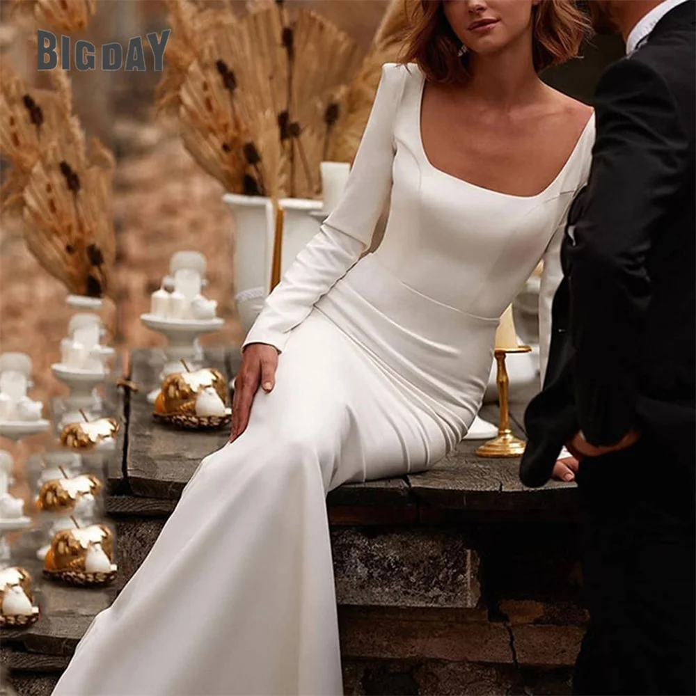 Semplice abito da sposa a sirena colletto quadrato manica lunga cerniera aperta sul retro elegante abito da sposa Sweep Train Vestidos De Noiva 2024