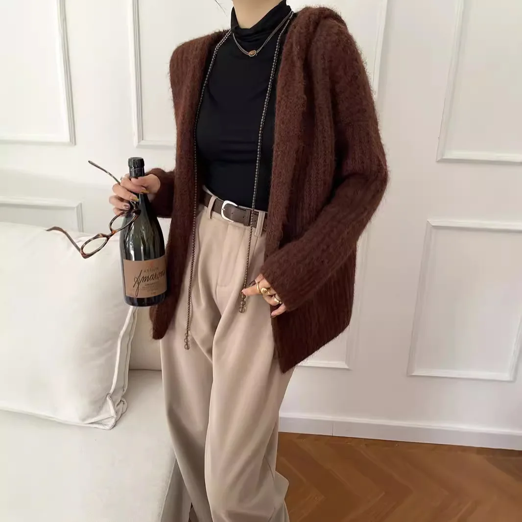 

Женский кардиган с капюшоном, свитер, вязаная куртка, пальто, толстый трикотаж с открытой строчкой, осень-зима 2025 года, винтажная вязаная верхняя одежда