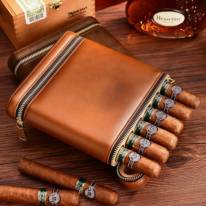 

Portable Cigar Humidor with Cedar Wood Cigar Leather Case Holds Up To 6 Cigars Cigar Accessories