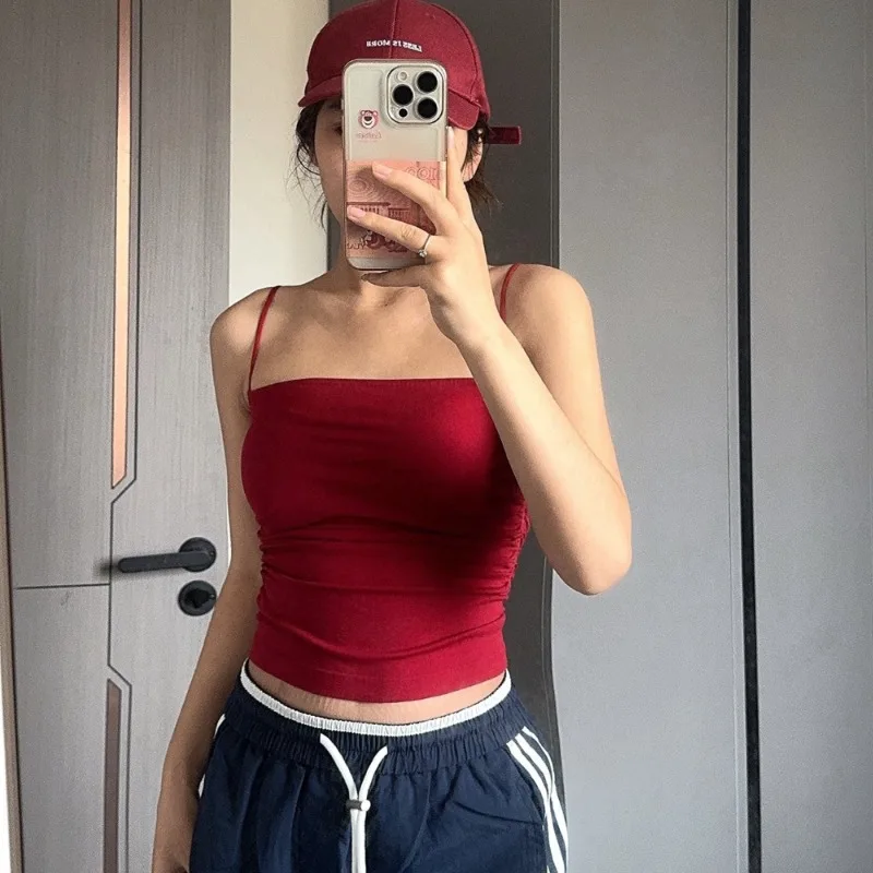 Sexy Top Summer Crop Tops Women Elastic Camis Sleeveless Short Tank Top Streetwear Solid Skinny Ruched Red Bra Black Corset Top