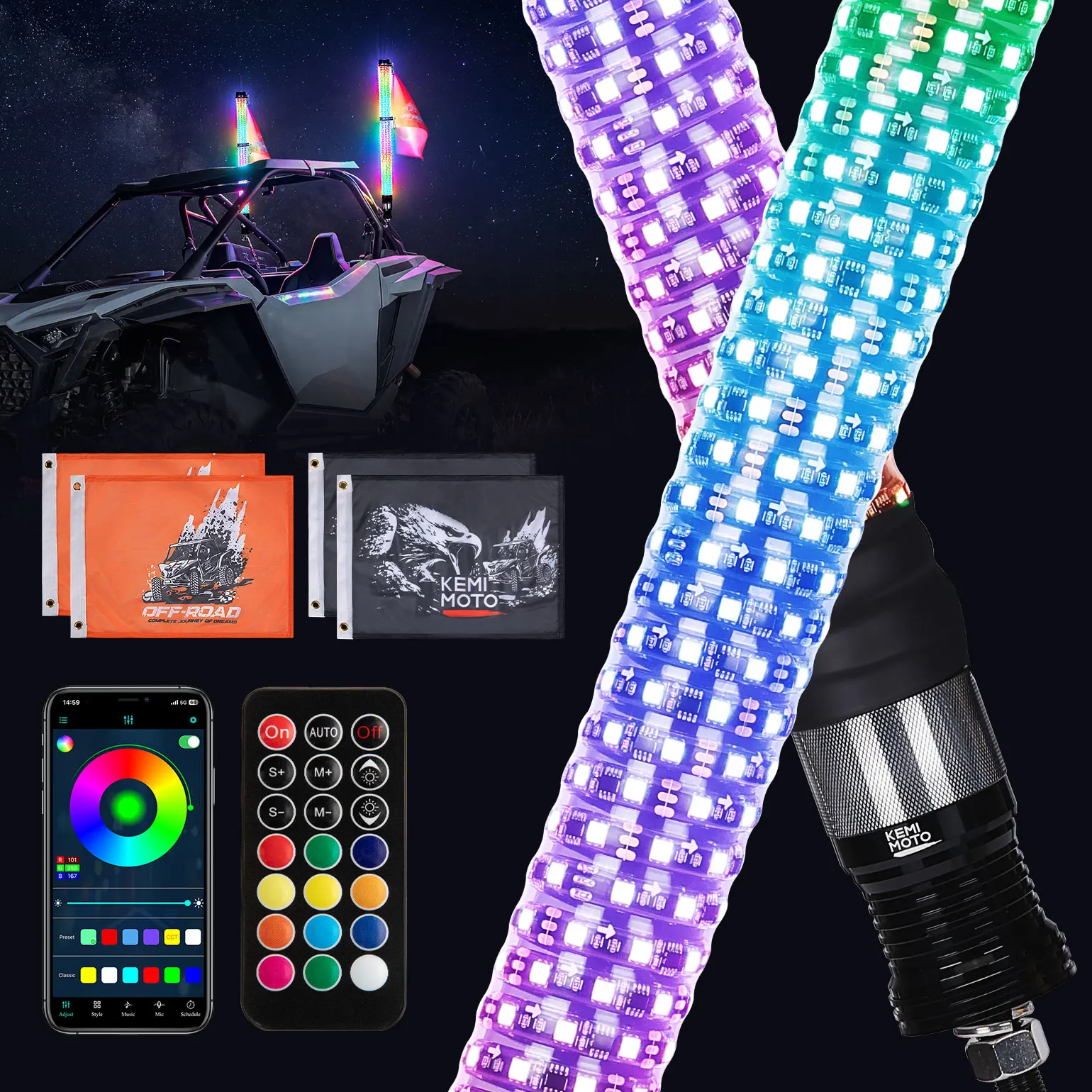 3FT RGB Fat LED Whip Lights Turn/ Brake/ Reverse Light for UTV ATV Buggy Boat Offroad Compatible with Polaris RZR for Can-Am X3