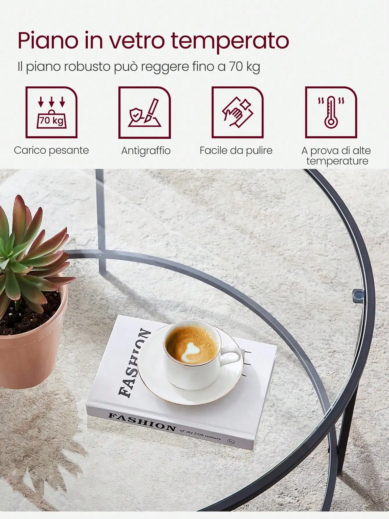 Tavolino da caffè in vetro VASAGLE con cornice AER. Mobili da soggiorno alla moda. Tavolo rotondo in nero.