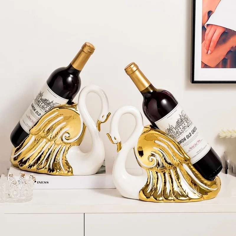 Ceramic Crafts Wine Racks Bottle Storage Container Golden Swan Porcelain Animal Sculptures Home Decoration Accessories