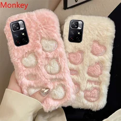 Korean Cute Love Heart Plush Warm Fluffy Phone Case For Xiaomi 12T 11T Redmi Note 12 11 10 9 S 11S 10S 9S 9T 10A 10C 9A 9C Cover