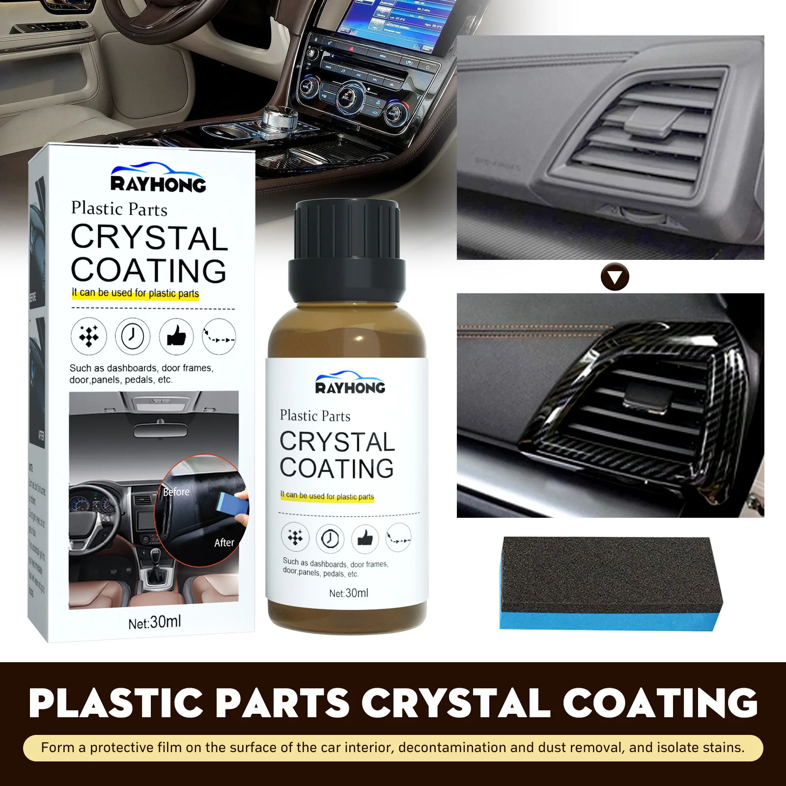 30ml Interior Plastic Parts Retreading Agent Crystal Coating Wax Renewed Plastic Restore Long-lasting Liquid Car Maintenance