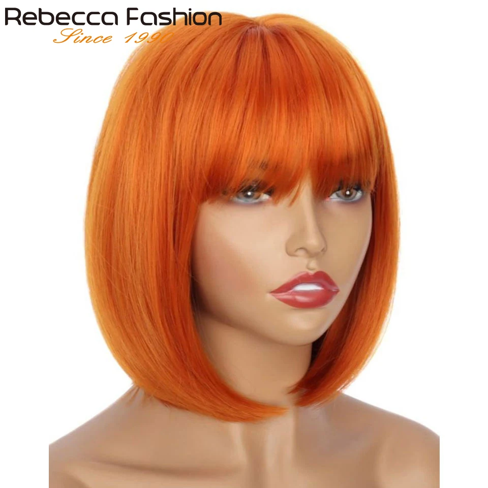 Ginger Orange Blonde Short Cut Straight Bob Wigs With Bangs Human Hair Brazilian Straight Human Hair Wigs Machine Made Easy Wear