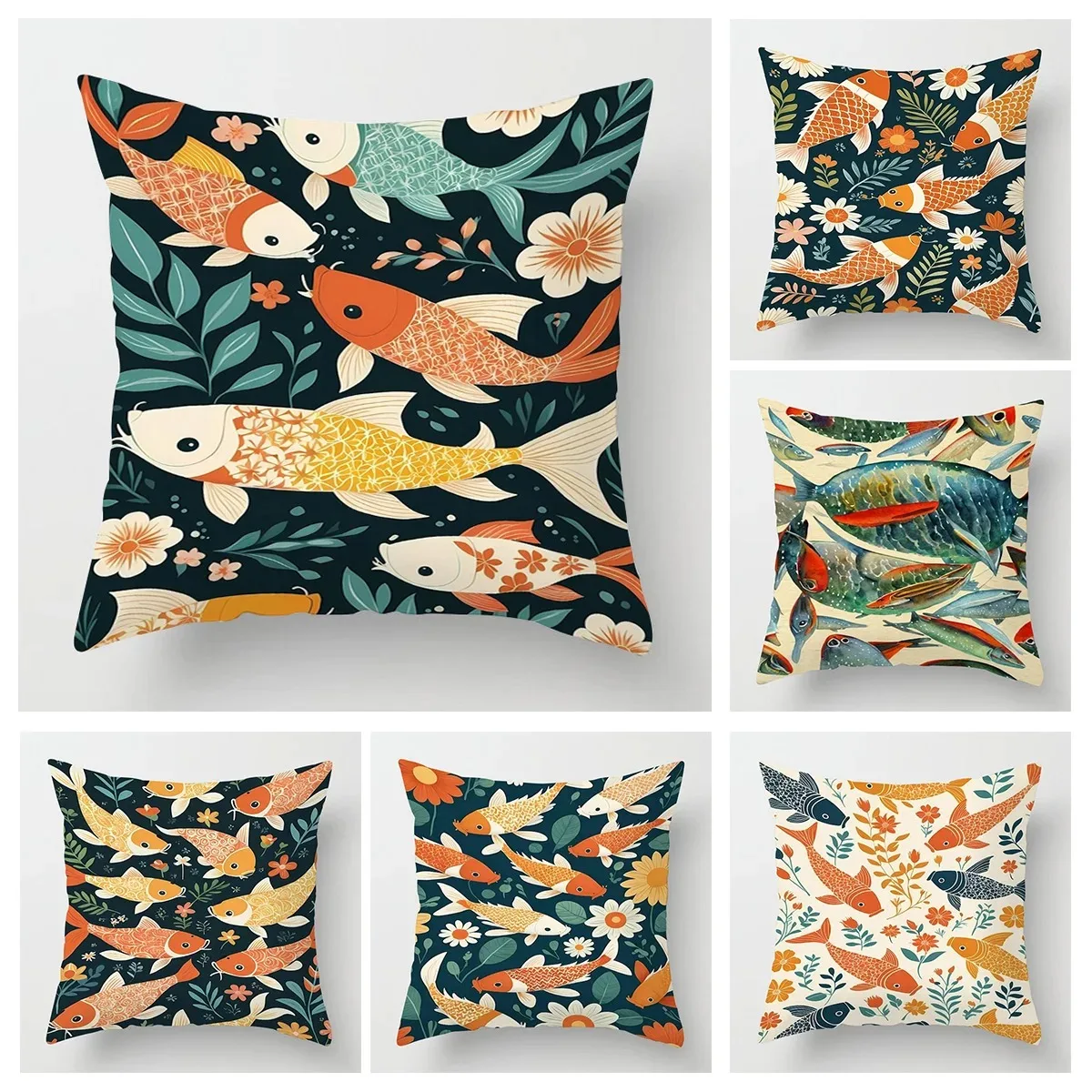 Home Decor Colorful Koi Fish and Floral Pattern Pillow Covers Pattern Cushion Cover Suitable for Sofa Bedroom Car Pillow Cover