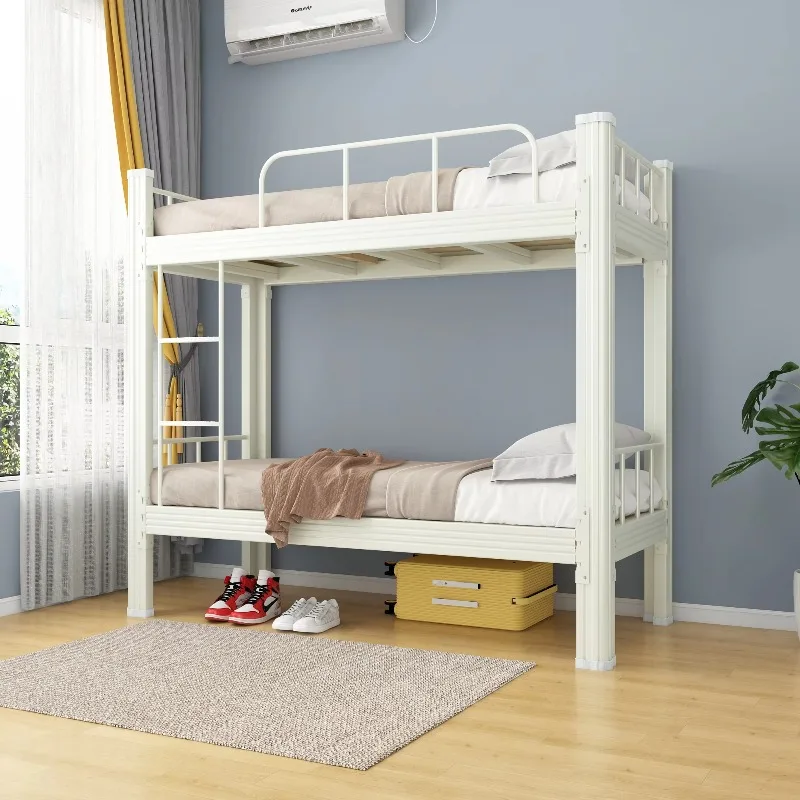 Safe Stable White Metal Bunk Bed with High Protective Guardrail Heavy Duty Steel Double Bed  Solid Wood Slats for Dormitory