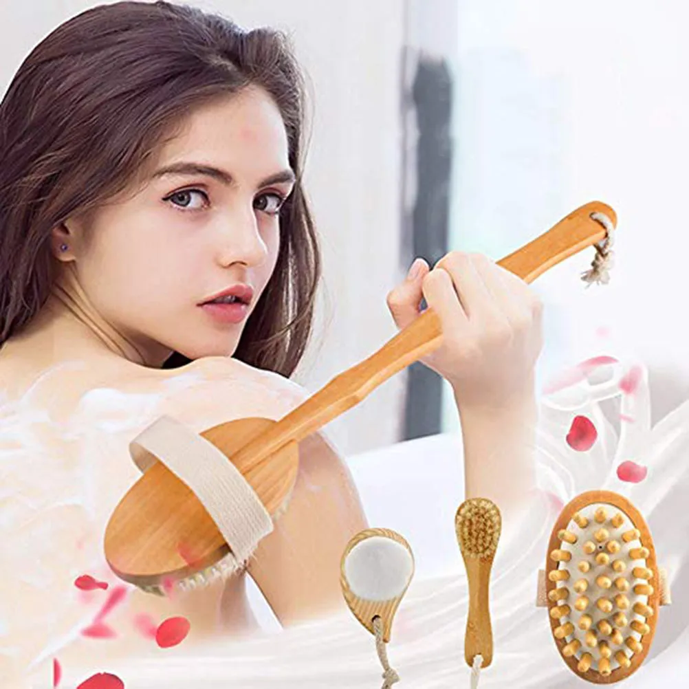 

4Pcs Bath Brush Set Natural Bristle Shower Body Brush Long Handle Soft Skin Exfoliating Back Spa Scrubber Face Feet Knees Legs