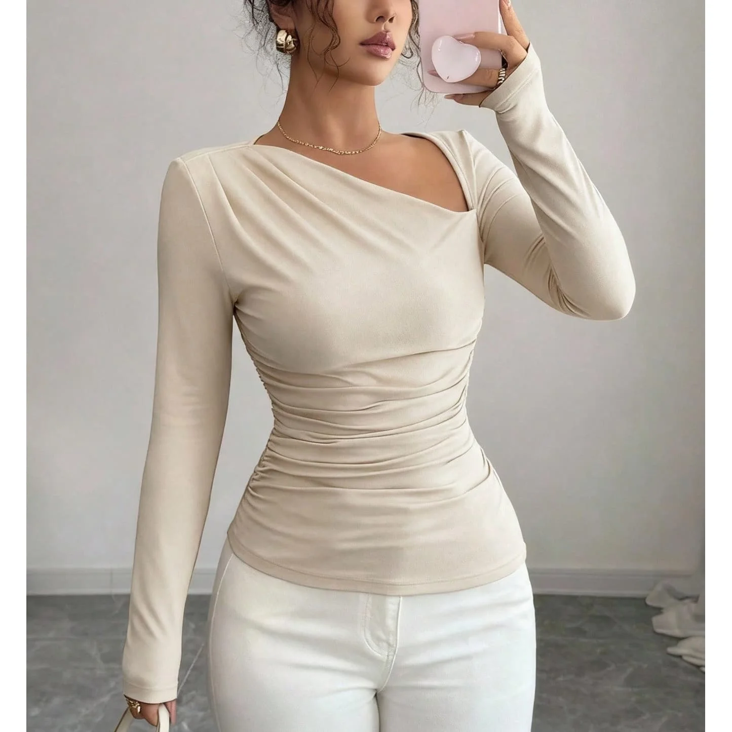 Women's Casual Solid Color T-Shirt with SideFit Stretch Fabric and Asymmetric Shoulder Collar for Yoga Beach Cycling