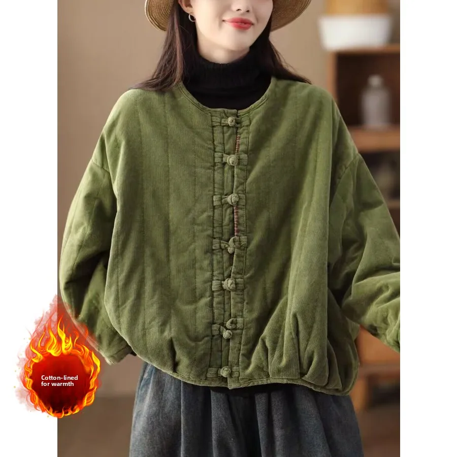레트로 중국풍 슬루핏 코튼 자켓 버튼 라운드 넥 벨벳 코트 티엔드 대형 사이즈 여성 겨울 코트