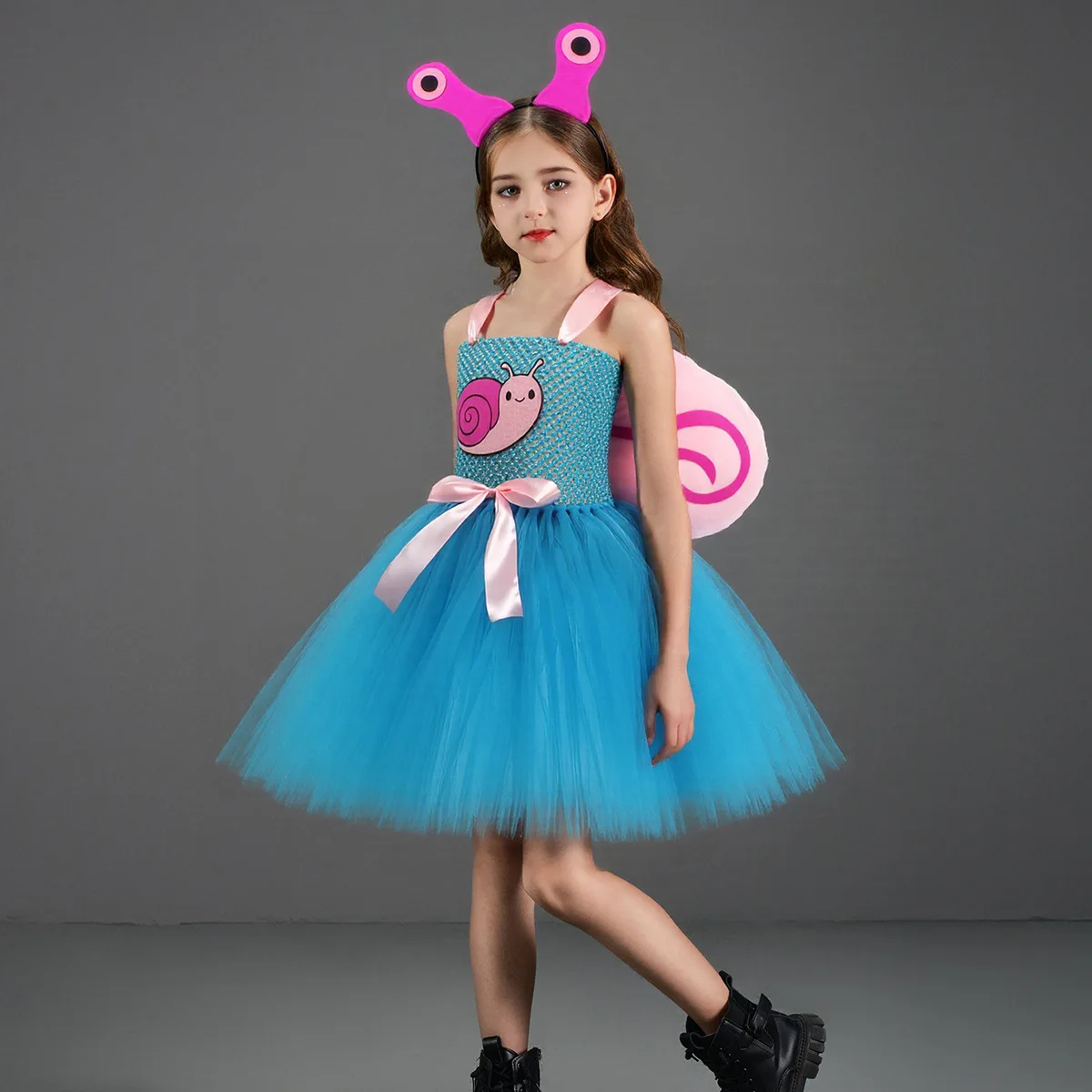 Roze groen cosplay kostuum voor meisjes, schattig bling borduurwerk slak tule patchwork onderjurk met hoofdband Halloween kostuum