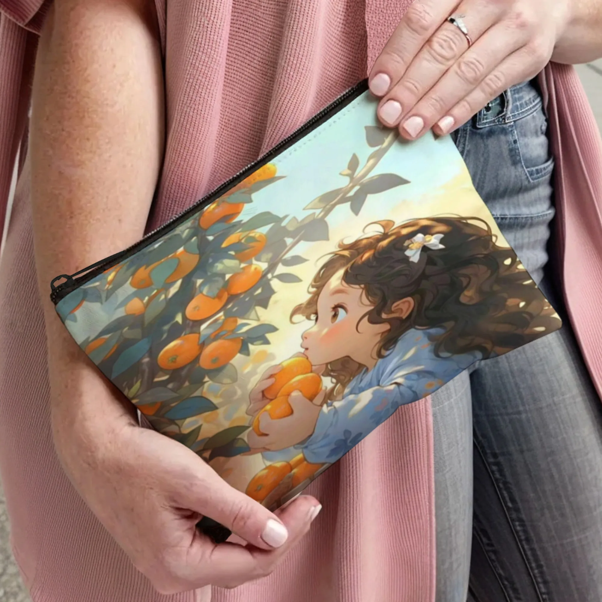 حقيبة مكياج أنيقة بسحاب مطبوعة على شكل "فتاة قطف برتقالية" حقيبة مستحضرات تجميل محمولة مع مرآة حقيبة أدوات الزينة للسفر المتينة #4