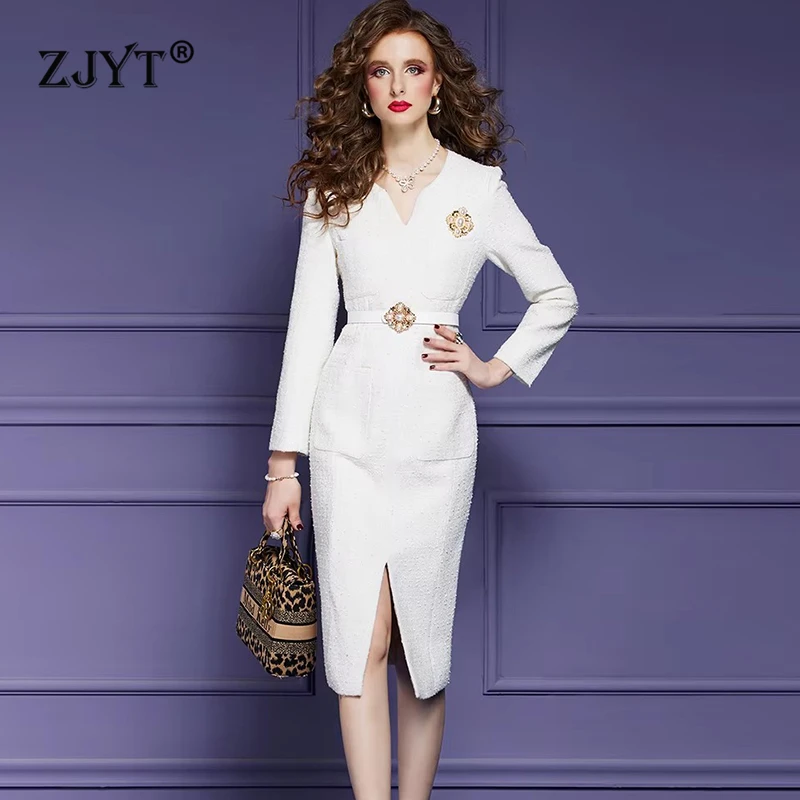 

ZJYT Elegant Women Tweed Woolen Dresses Party Long Sleeve 2024 Designer Autumn Winter Midi Straight Vestidos Office Robe White