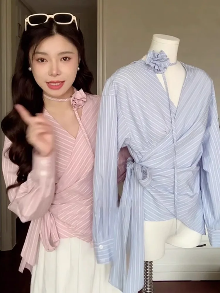 

Long Sleeve Shirts Womens Oversized Korean Tops Tied Waist Minimalist Aesthetic Feminine Autumn Everyday Streetwear