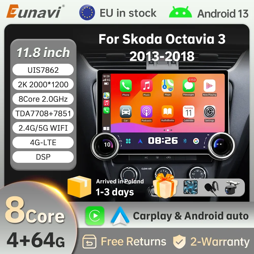 Eunavi 11.8 Autoradio Car Radio For SKODA Octavia 3 A7-2018 Car Audio Multimedia Player Wireless Carplay