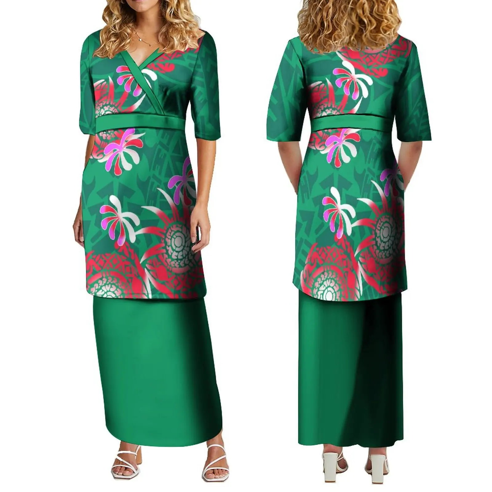 Polynesian Puletasi Elegant V-Neck Skirt Samoan Top And Skirt Fijian Style Island Double Suit Skirt 2024 New Fashion