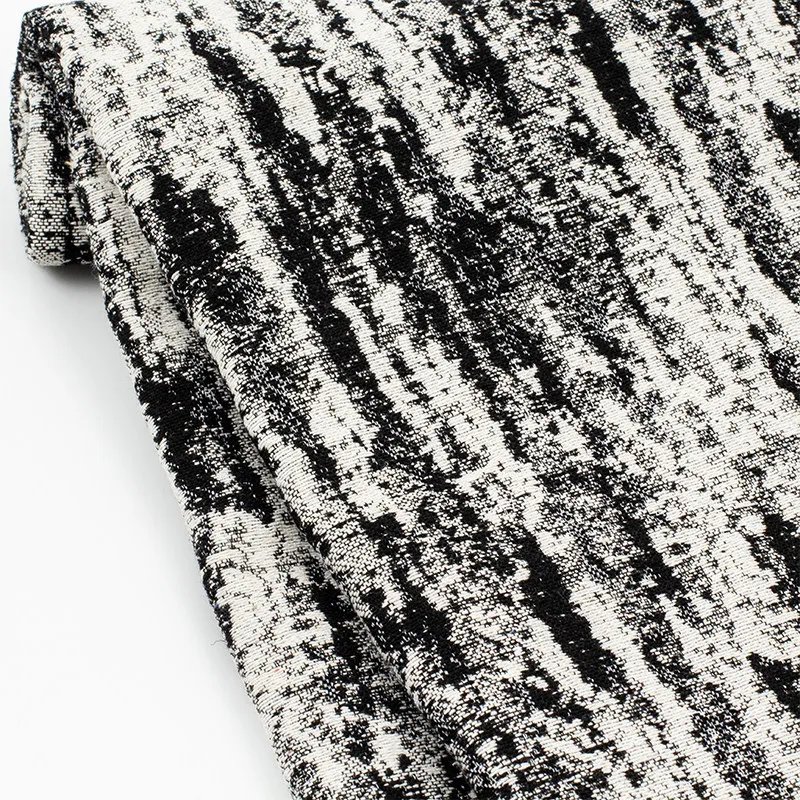 Black White Charcoal Brushstroke Jacquard Designer Fabric with Gradient Relief for Jacket Sewing and Modern Applications