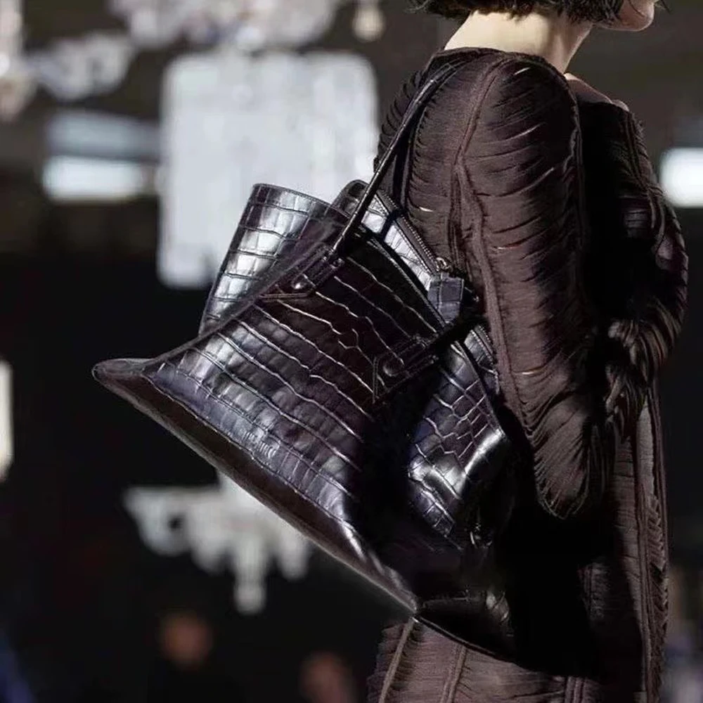 

Роскошная асимметричная кожаная сумка через плечо Annmouler, сумка-тоут с крокодиловым узором и геометрическим многослойным дизайном, женская винтажная сумка для повседневного использования B