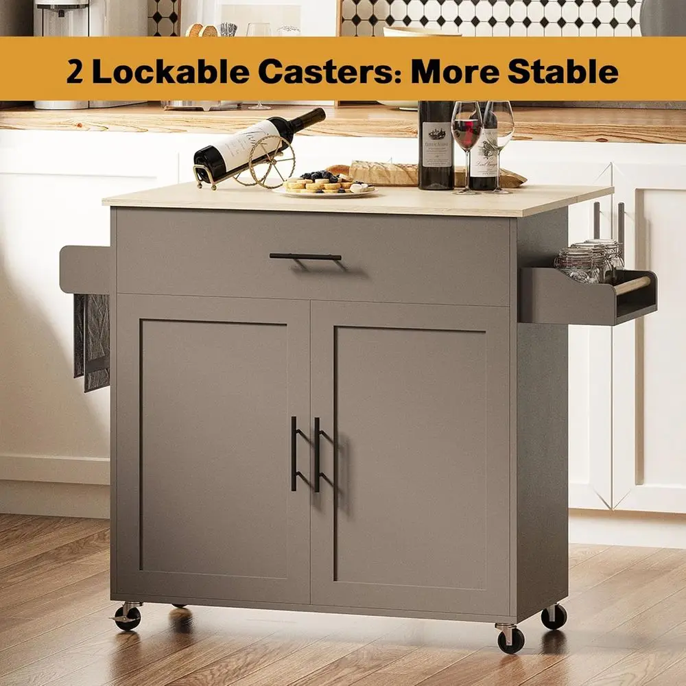 جزيرة مطبخ من الخشب الصلب بقدرة 47 وات مع أوراق شجر متدلية، درج، تخزين، رف توابل ومنشفة، رمادي داكن