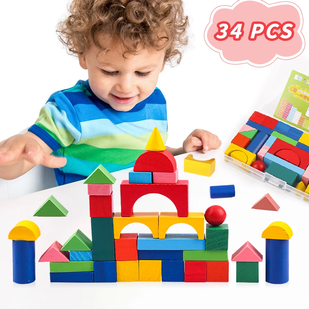 34 Pcs Kinderen Geometrische Houten Speelgoed Diy Kasteel Gekleurde Houten Bouwstenen Vroege Educatief Speelgoed Voor Kinderen