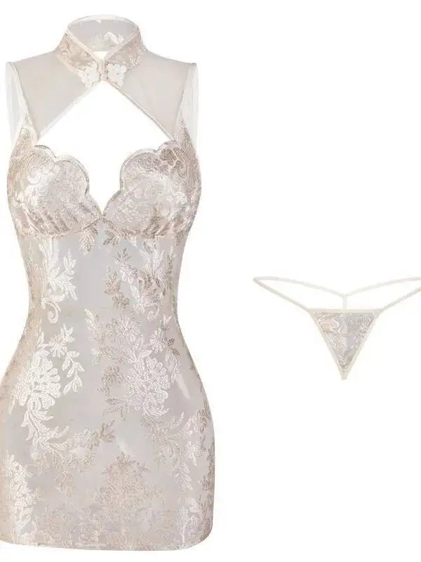 Women's Lace Flower Embroidery Dress Transparent Cheongsam Hanging Neck Wrap Hip Dress Backless Deep V Sleeveless Nightclub Y9OT