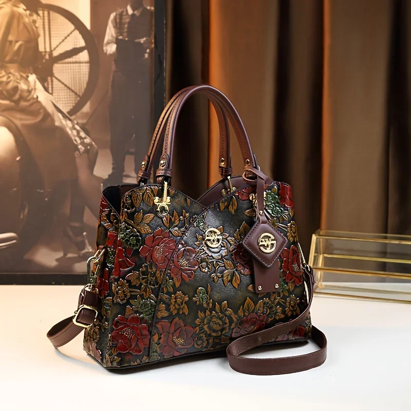 New Vintage Flower Pattern Handbag, Luxury PU Leather Tote Bag, Fashion Crossbody Bag For Women