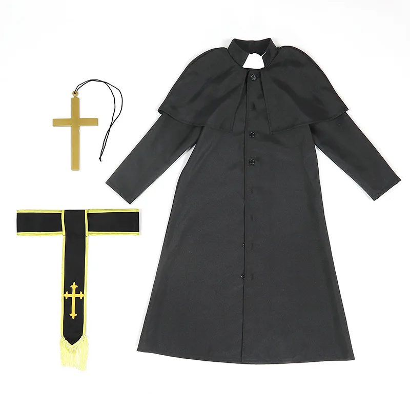 Boys Church Father Costume for Halloween Carnival Boy Suit Role Play Priest Costume for Kids Medieval Roman Pastor Robe