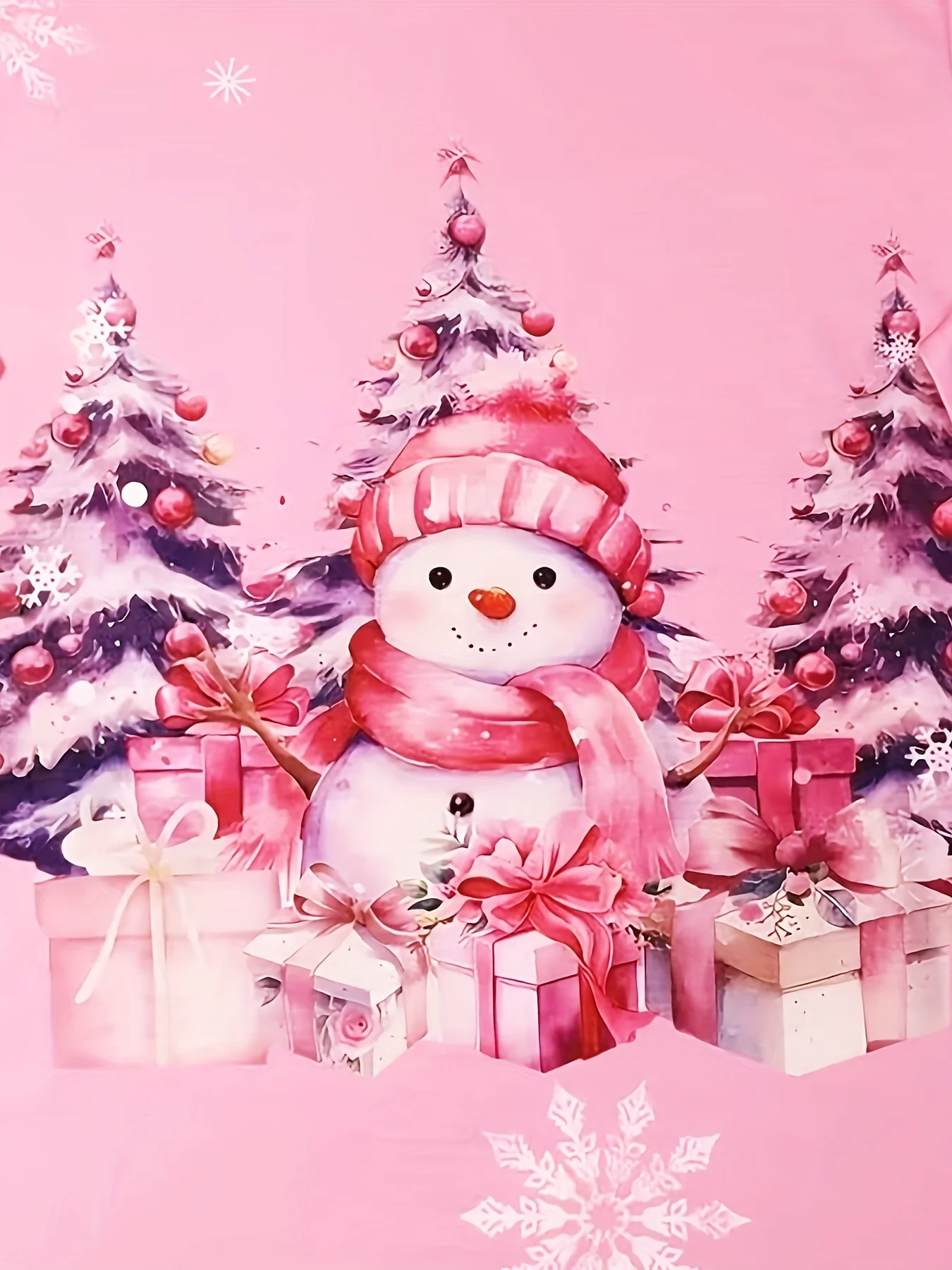 Women Round Neck Long Sleeve T‑Shirt Pink Snowman Christmas Tree Gift Box Print Holiday Casual Party Top Women's Clothes image 5
