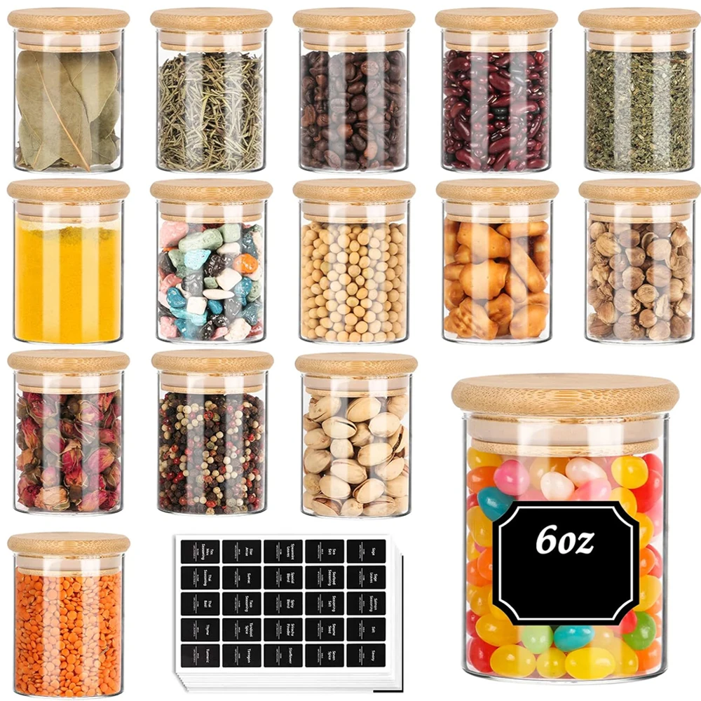 

Стеклянные банки для специй с бамбуковыми крышками, герметичная канистра для хранения продуктов, 200 мл, маленькие стеклянные банки с этикетками для организации кухни