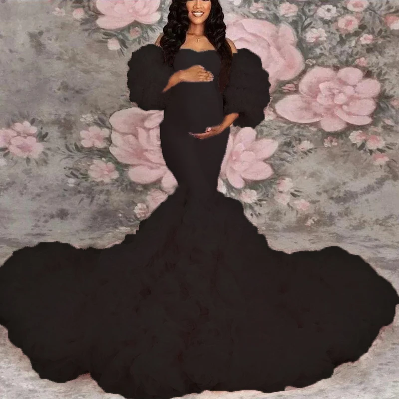Stretch roze zeemeermin zwangerschapsjurken fotoshoot met pofmouwen babyshower jurk voor zwangere vrouwen vestidos para em