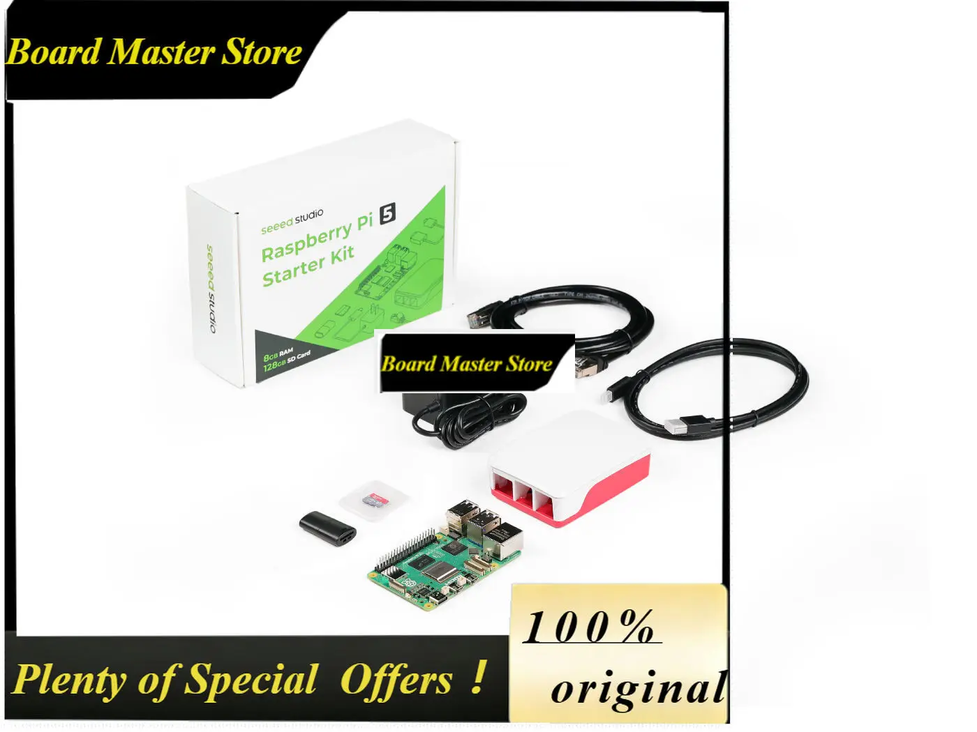 BoMaSRaspberry Pi 5 4GB 8GB 16GB Starter Pack With Fan Case 128GB SD Card Power Supply Micro HDMI LAN Cable