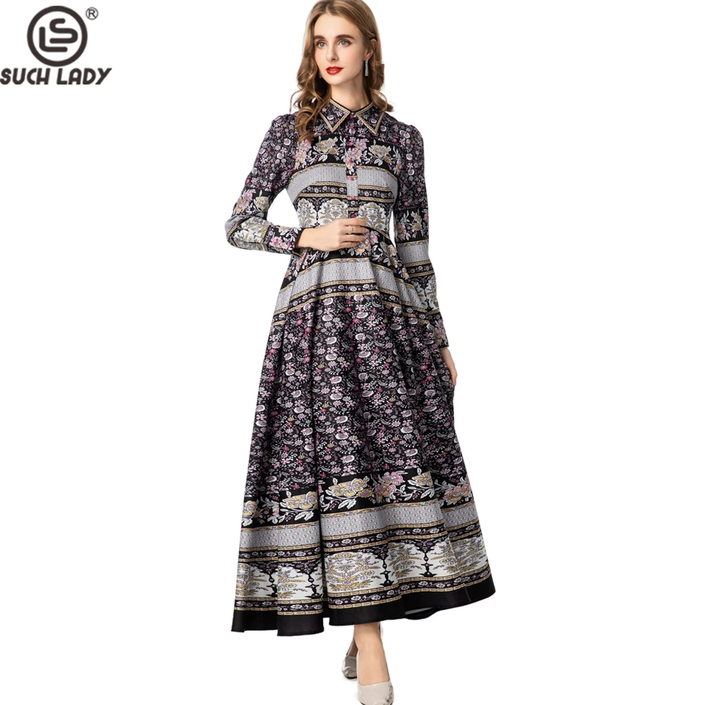 

Women's Dresses Richly Patterned Long Sleeves Turn Down Collar Button - Front & A - Line Hem Vestidos