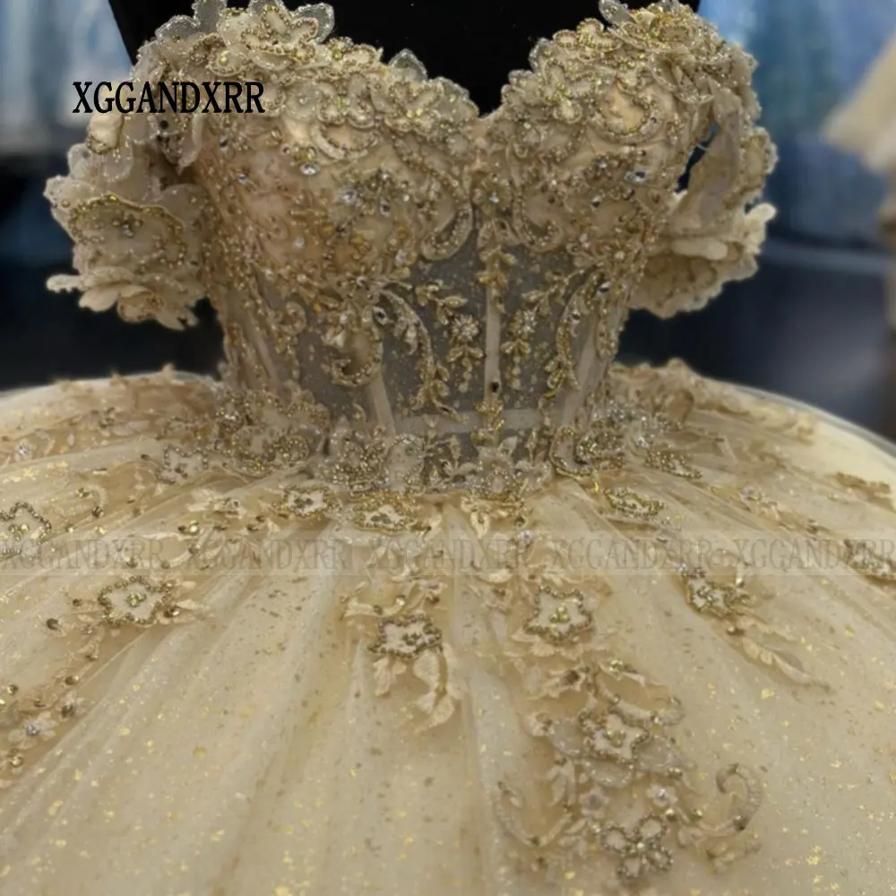 Shining Yellow Quinceanera Dress 2024 Mexican Vestido De 15 Princess Sweet 16 Birthday Ball Gown 3D Flower Lace Gown Long Train