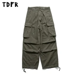 Pocket Cargo Pants Mens Solid Color Casual Safari Style Drawstring Wide Leg Dungarees Men Trousers