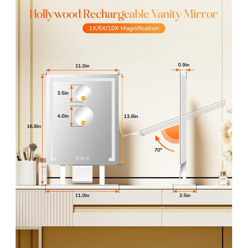 مرآة زينة LED قابلة لإعادة الشحن بقدرة 4000 مللي أمبير في الساعة مع تكبير 5X/10X، إضاءة بثلاثة ألوان، تحكم باللمس، حامل هاتف، 11x16.8 للسرير #2