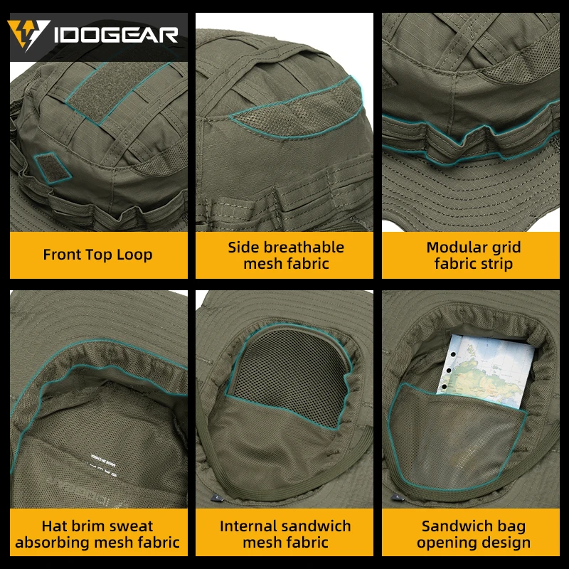 IDOGEAR التكتيكية Boonie قبعة الغابة قبعات للحماية من الشمس قابل للتعديل تنفس واسعة حافة قبعة لصيد الأسماك 3623