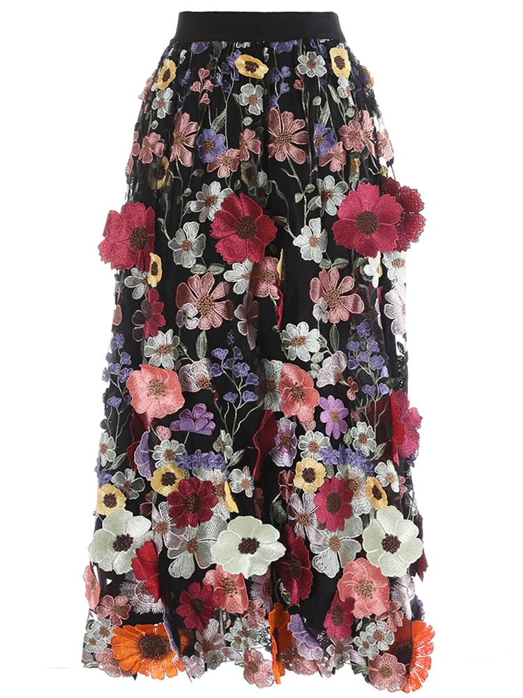YERMORA High Elastic Waist Embroidery Flower Lacked Elegant Half Body Skirt For Women Fashion Tide Spring Summer 2025 New A398
